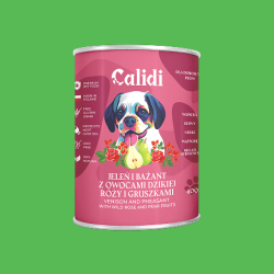 Karma dla psa Calidi Premium – Jeleń i bażant z owocami dzikiej róży i gruszkami 400g